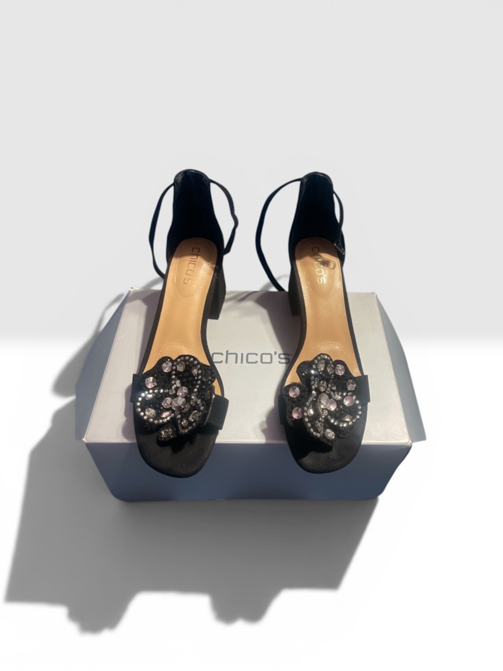 Chico's Black Embellished Open-Strap Block Heel Sandals